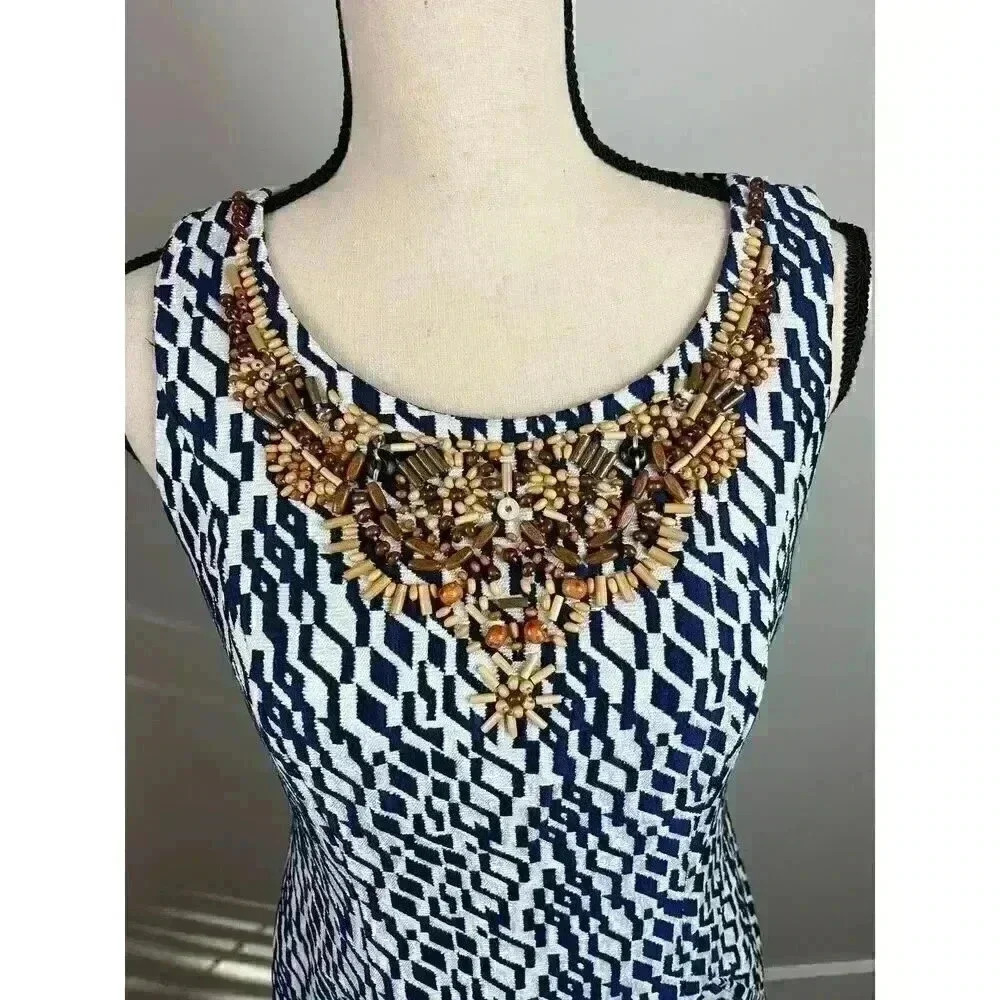 NWOT Moulinette Soeurs Anthropologie Beaded Midi Dress Blue Geometric Boho 4 - Picture 2 of 11